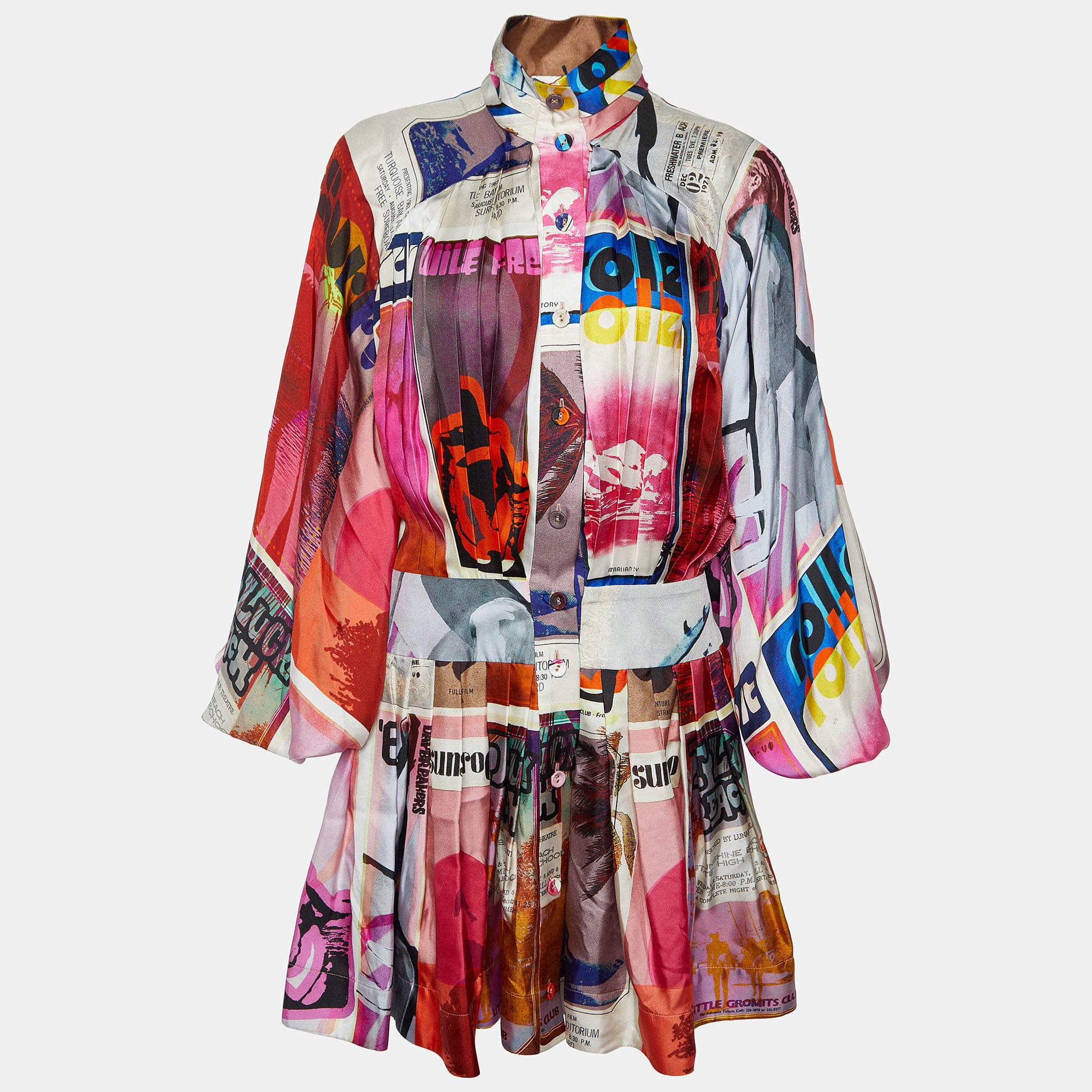 Pre Owned Zimmermann Multicolor Poster Print Silk Wavelength Pleated Mini Dress M