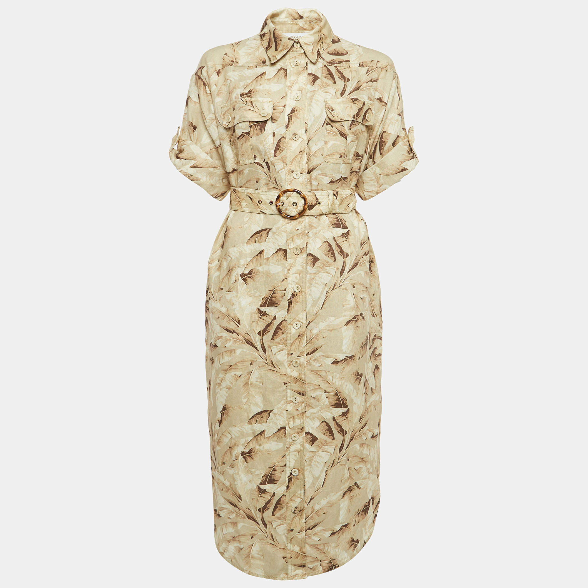 Pre Owned Zimmermann Beige Palm Leaf Print Linen Midi Dress M
