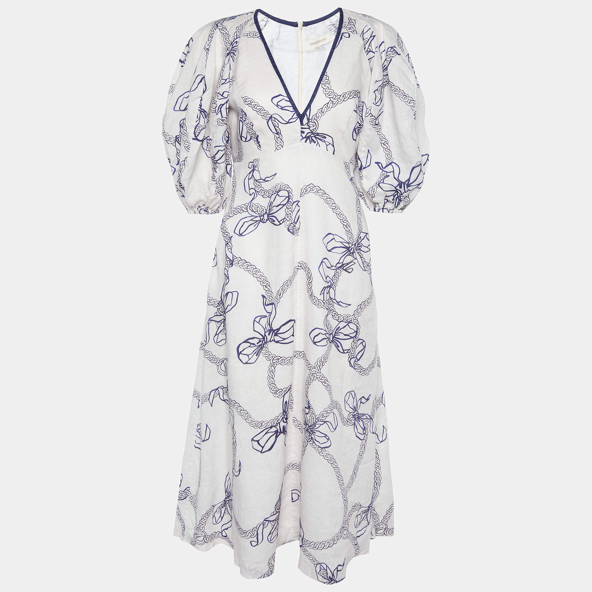 Pre Owned Zimmermann Oatmeal/Navy Printed Linen Midi Dress M