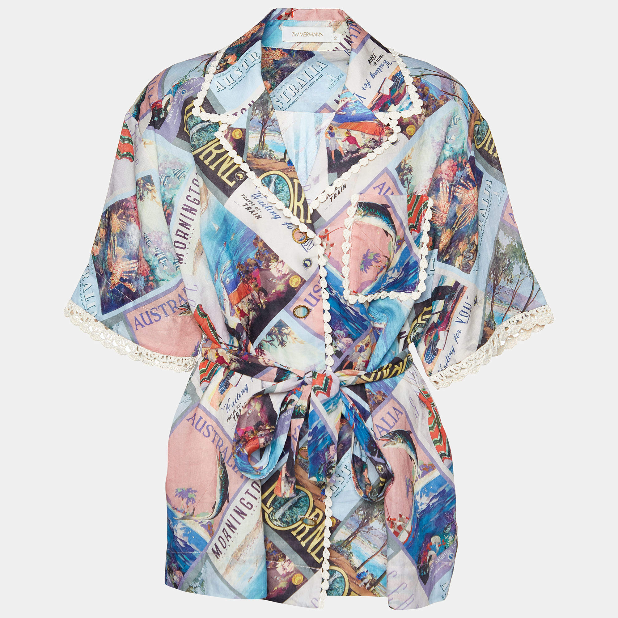Zimmermann Multicolor Postcard Print Ramie Belted Shirt M