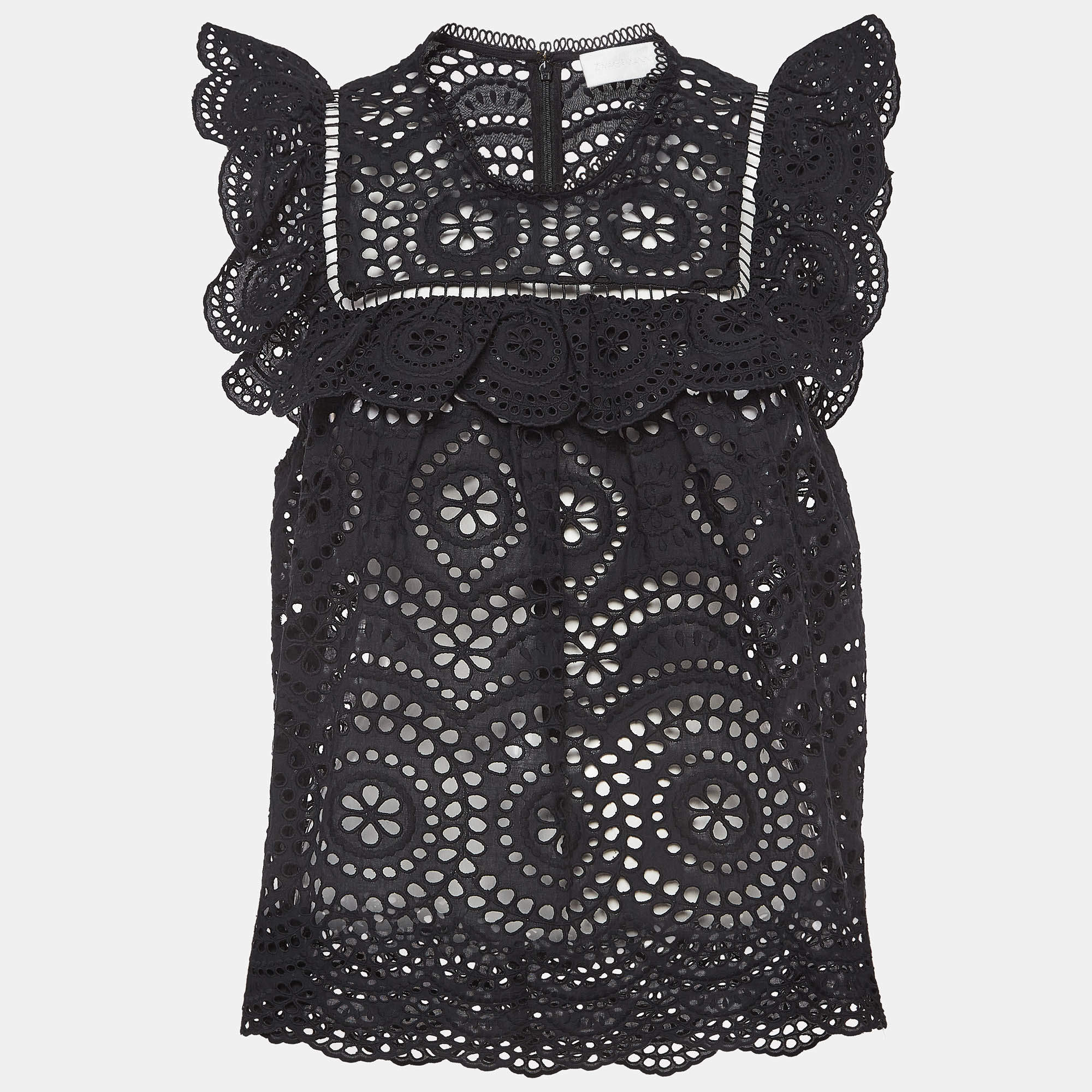 Pre Owned Zimmermann Black Floral Pattern Lace Ruffled Blouse S