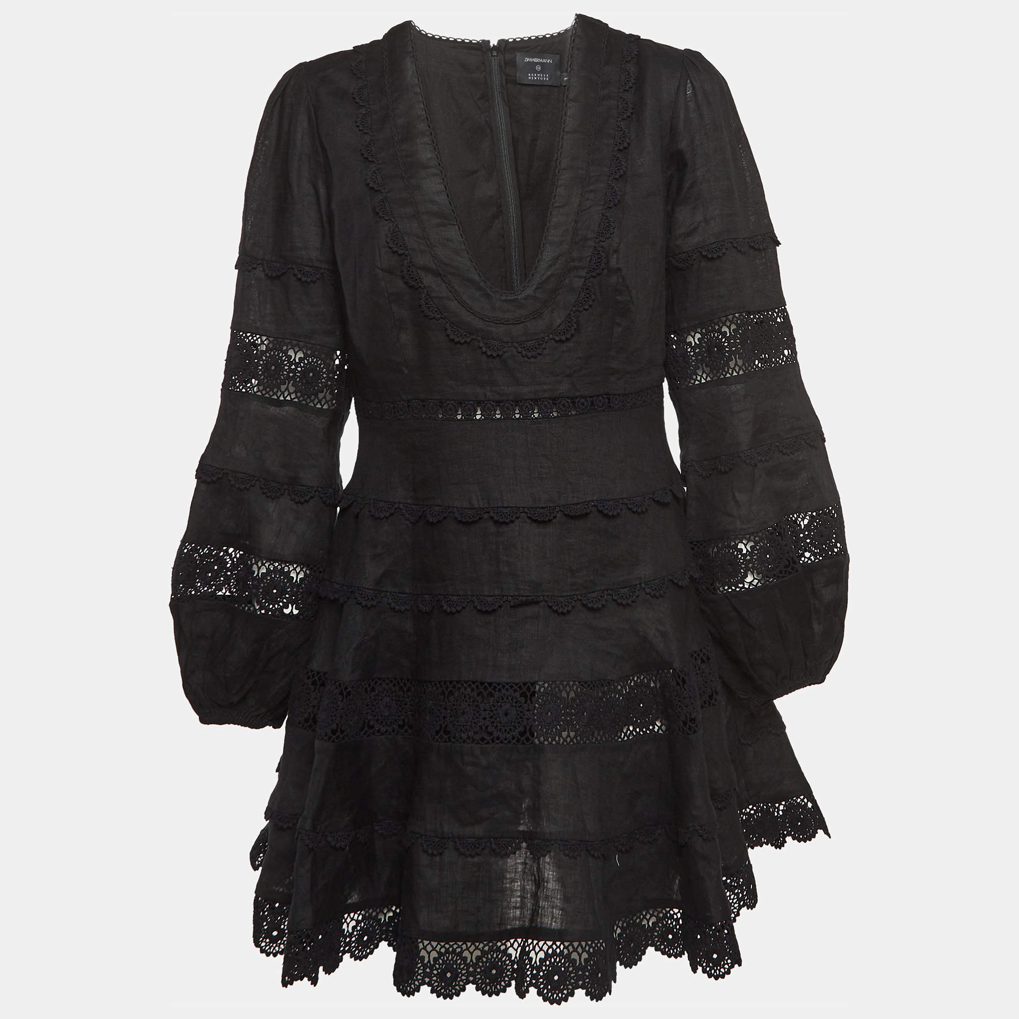 Pre Owned Zimmermann X Barneys Black Lace Trim Linen Tiered Mini Dress L