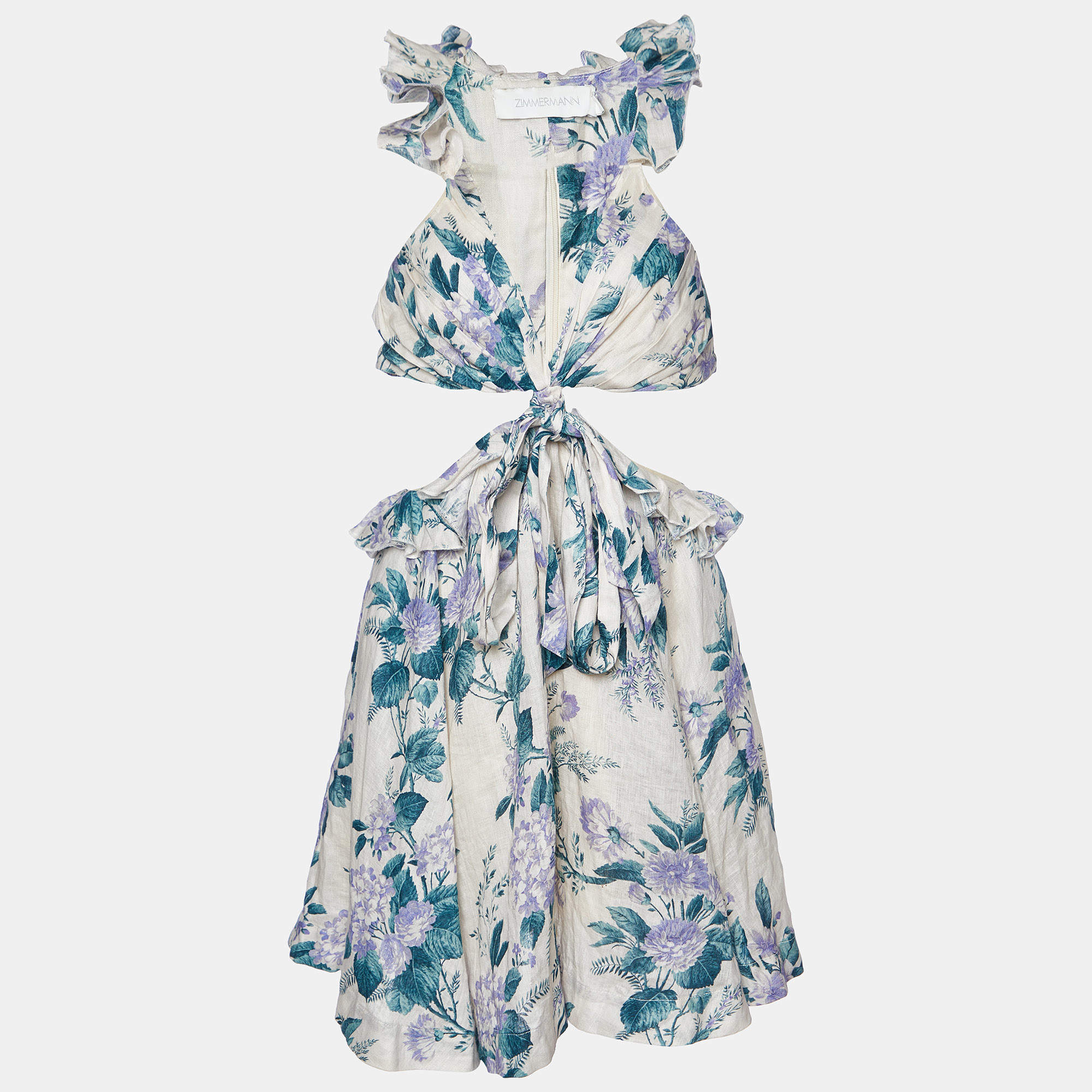 Zimmermann Oatmeal Hydrangea Floral Print Linen Cassia Ruffle Mini Dress M