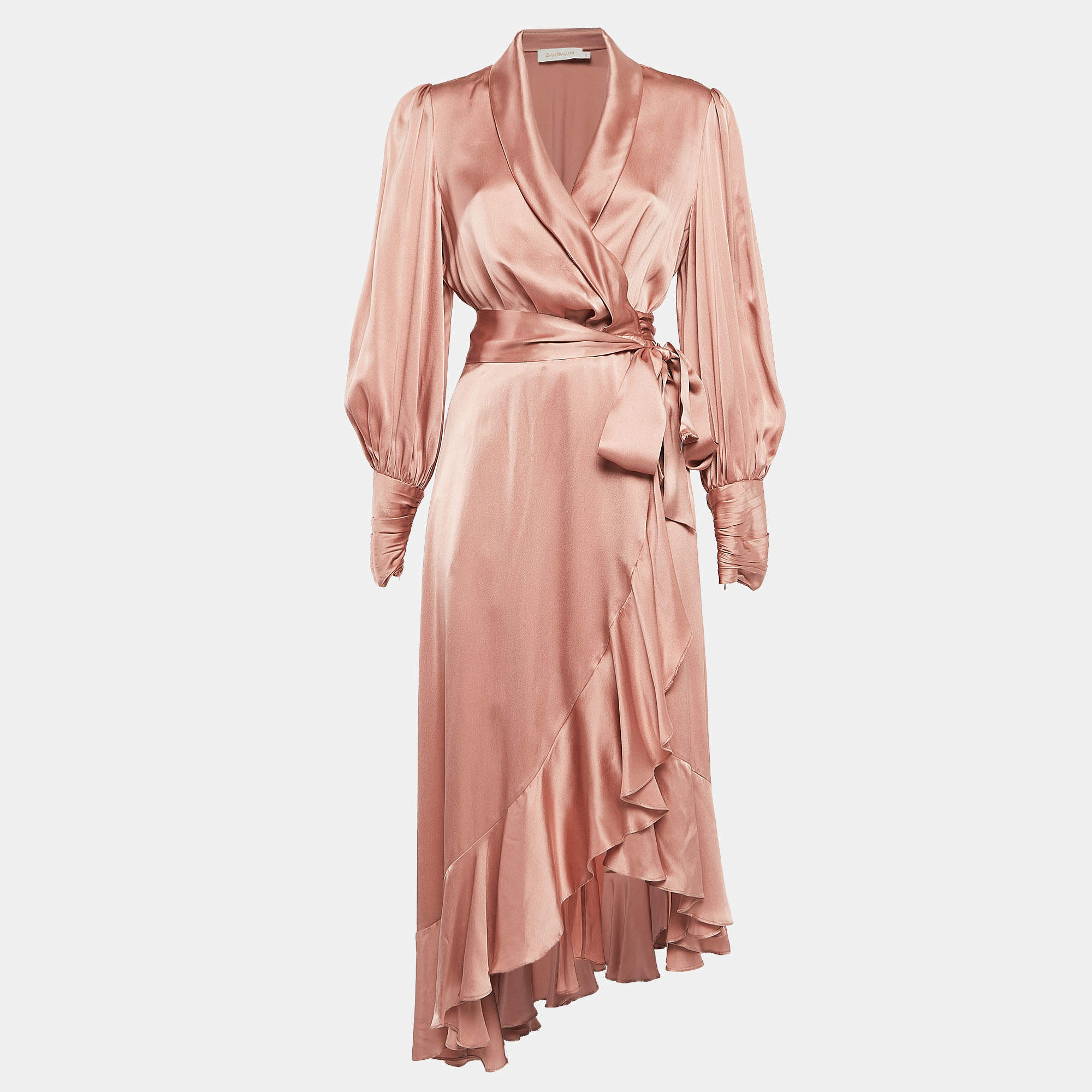 Pre Owned Zimmermann Pink Silk Satin Blouson Sleeve Asymmetric Midi Wrap Dress M