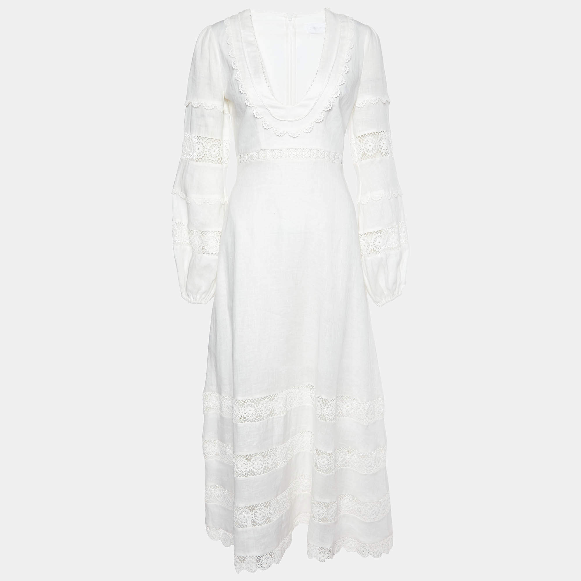 Pre Owned Zimmermann Ivory Linen & Lace Paneled Midi Dress S