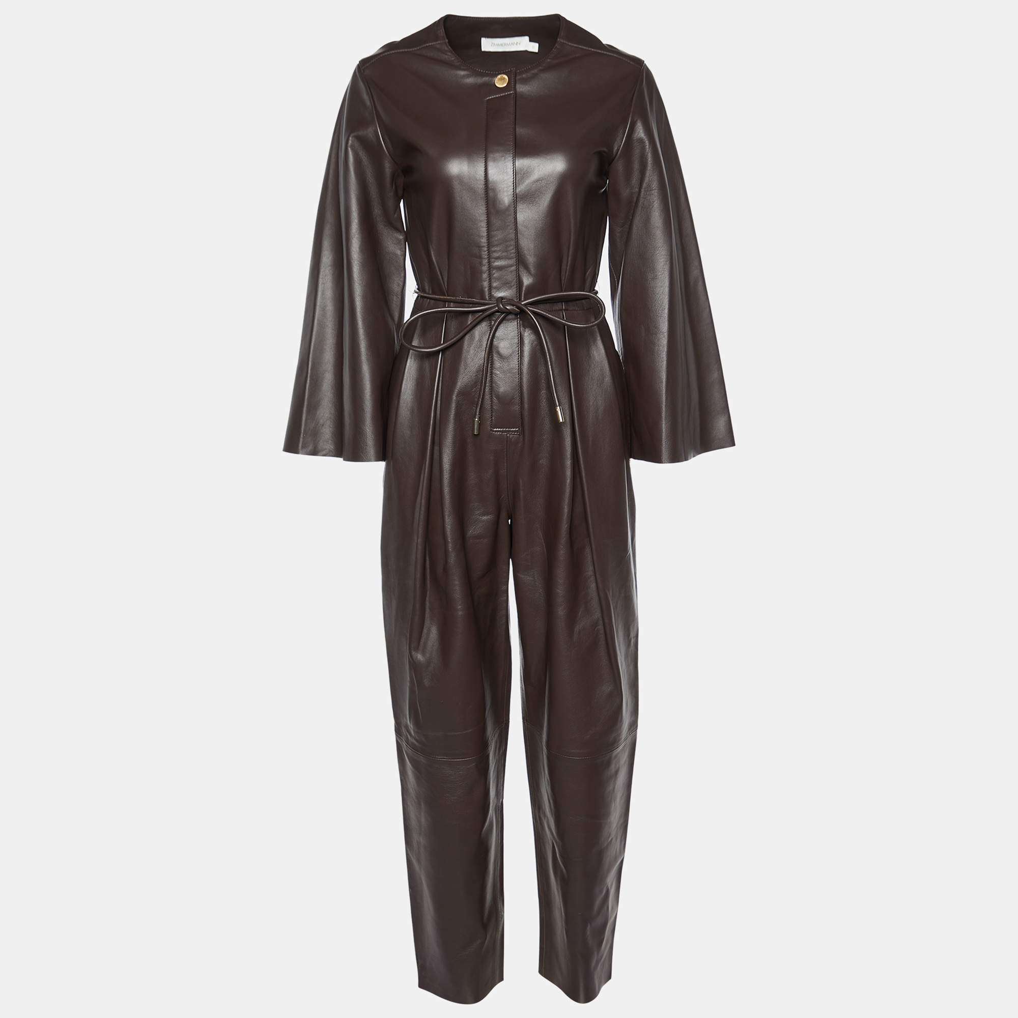 Pre Owned Zimmermann Dark Brown Leather Belted Jumpsuit S