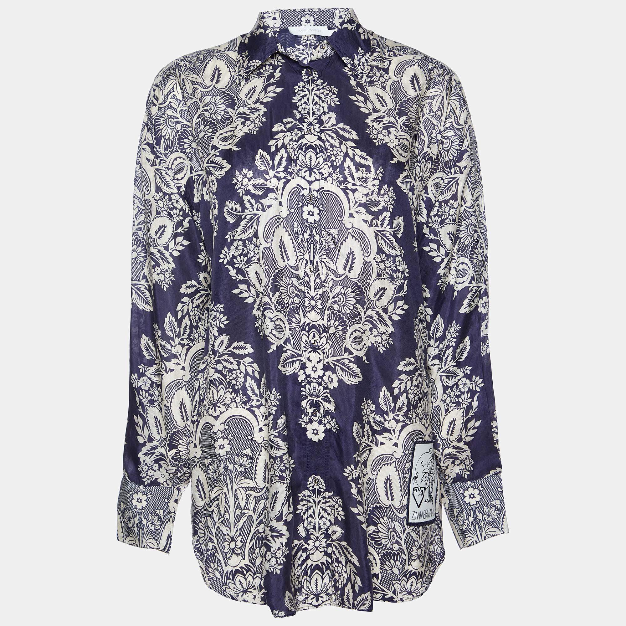 Pre Owned Zimmermann Navy Blue Floral Print Silk Shirt M