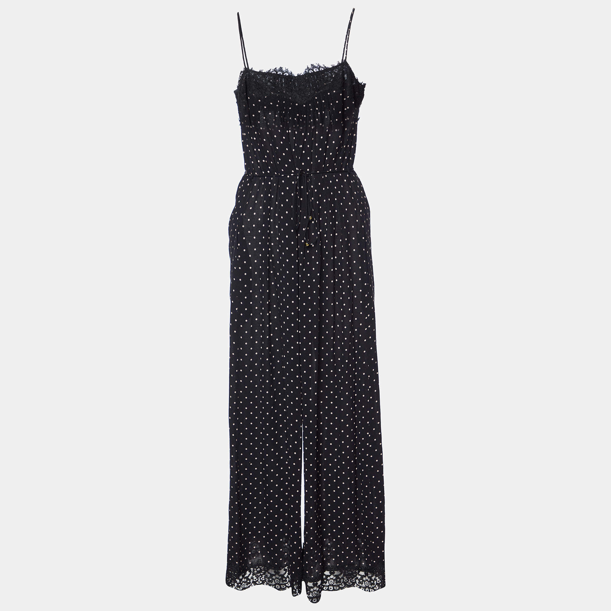 Zimmermann Black Polka Dot Crepe Lace Trim Jumpsuit S