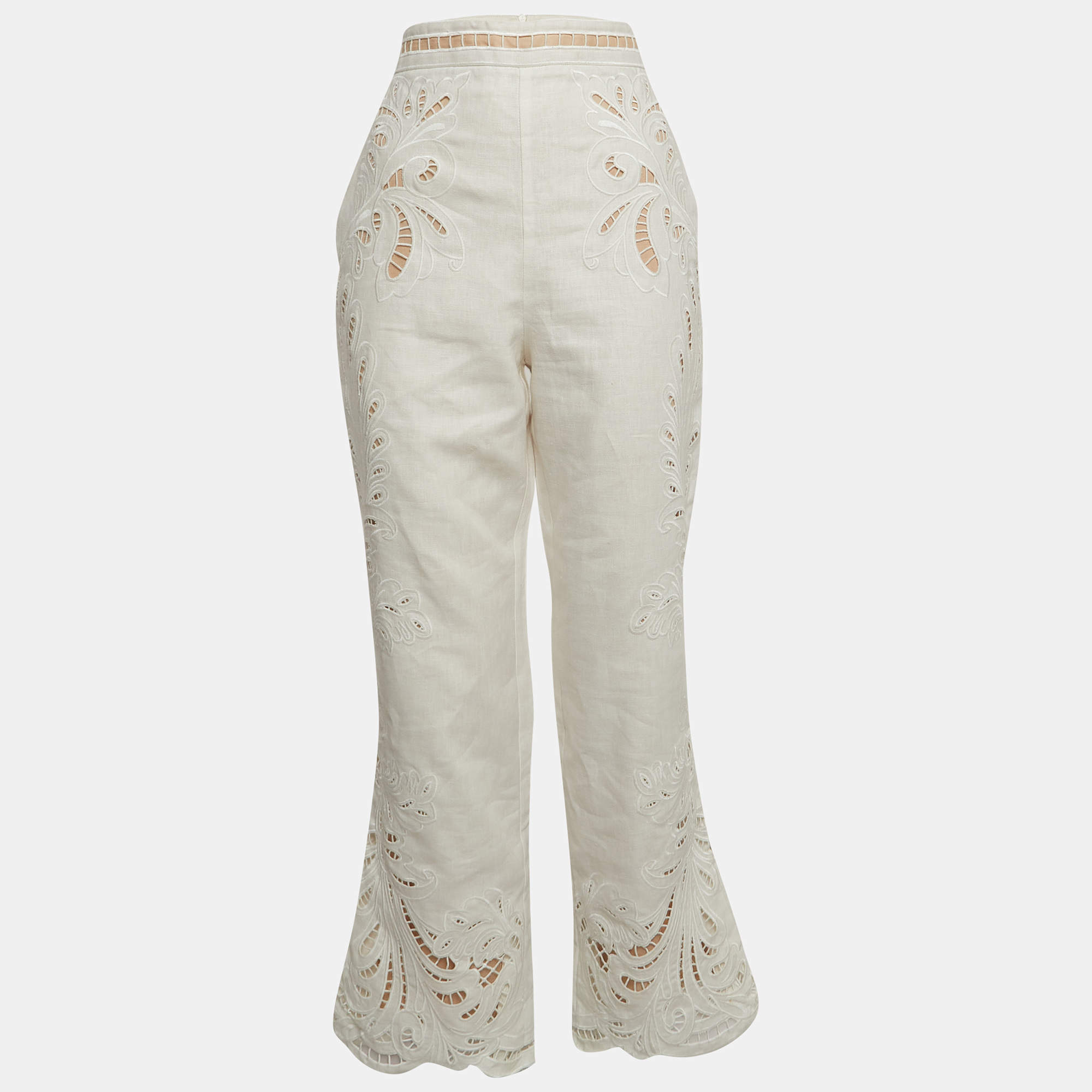 Zimmermann White Embroidered Linen Wide Legs Pants M