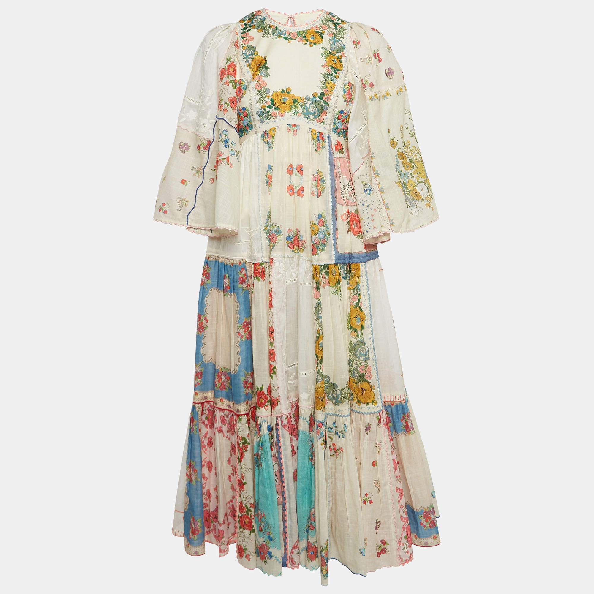 Pre Owned Zimmermann Cream Cotton Floral Print Patched Midi Dress S
