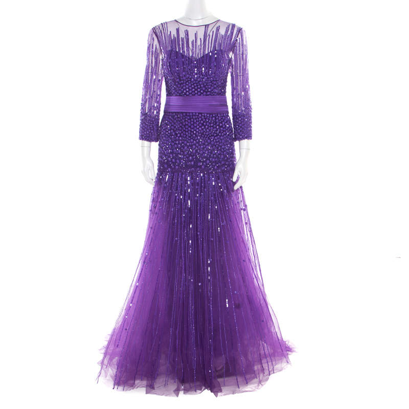 Zuhair Murad Purple Sequin Embellished Mesh Tulle Bottom Long Sleeve Gown L