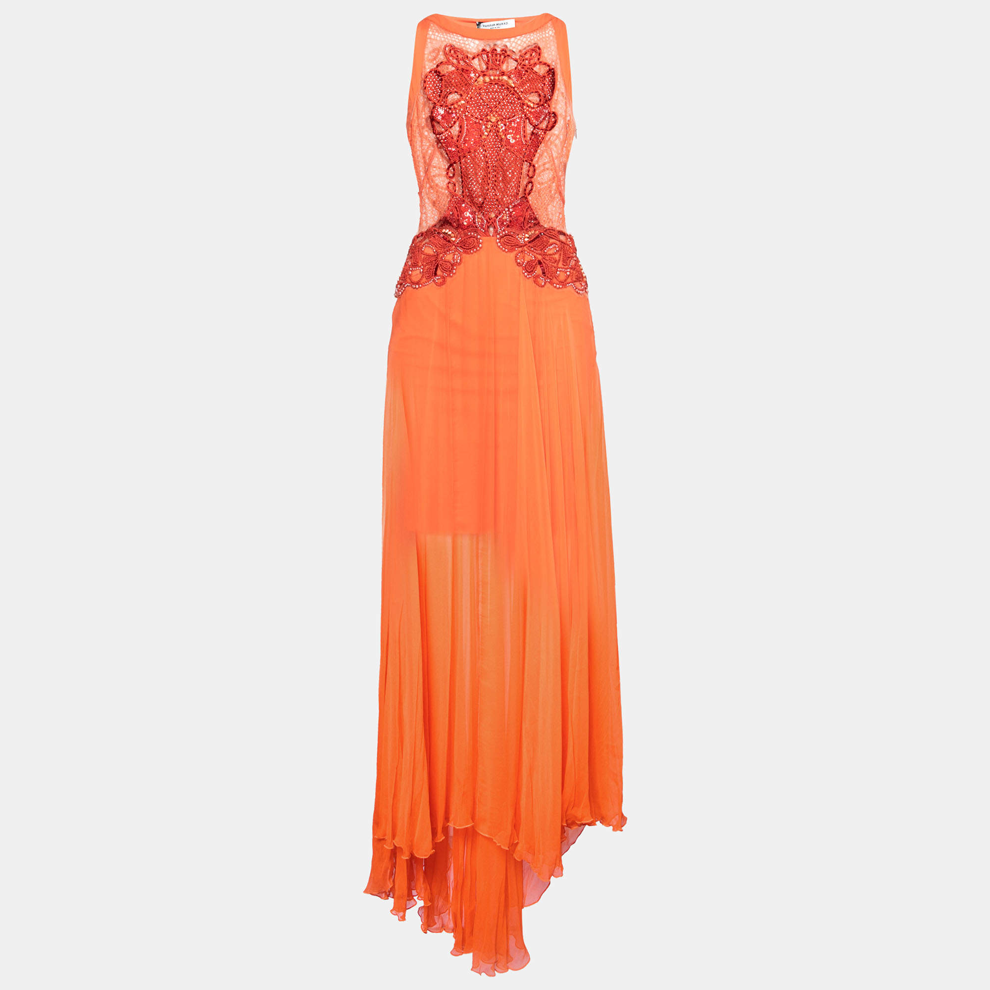 Pre Owned Zuhair Murad Orange Silk Chiffon Embellished Bodice Gown S