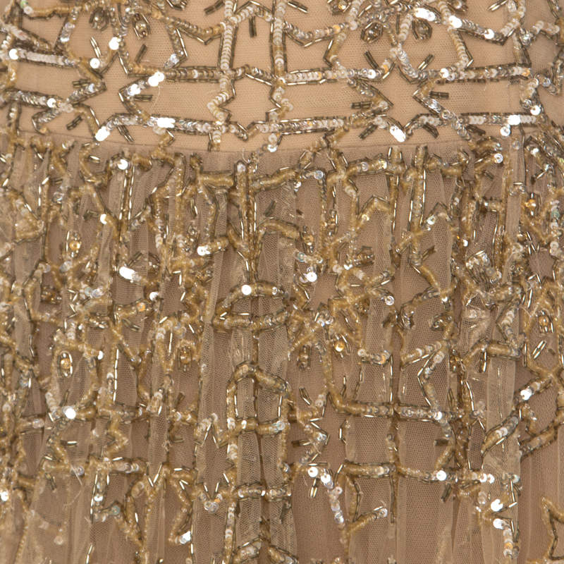 Pre Owned Zuhair Murad Toffee Cream Layered Tulle Embellished Sheer Yoke Evening Gown S