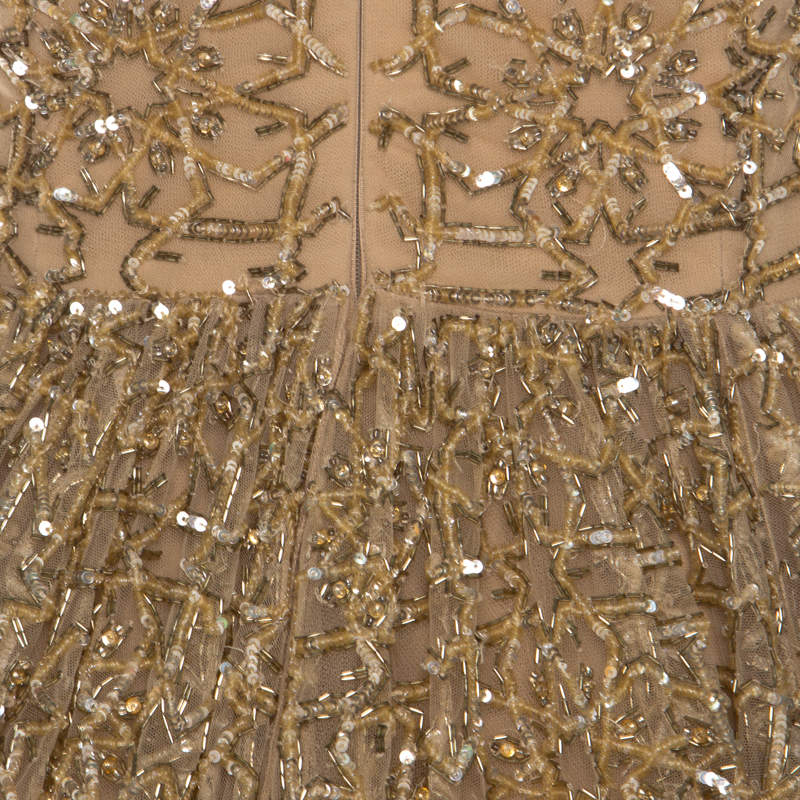 Pre Owned Zuhair Murad Toffee Cream Layered Tulle Embellished Sheer Yoke Evening Gown S