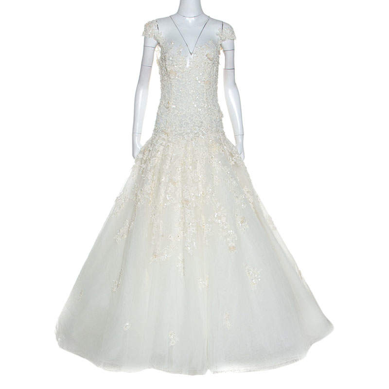 فستان زفاف زهير مراد مارياج تول مزخرف مطرز أبيض M