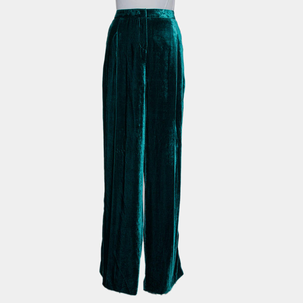 Zuhair Murad Green Velvet Contrast Trim Detail Wide Leg Pants M