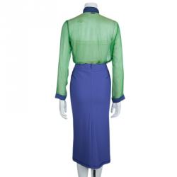 Pre Owned Emporio Armani Green Blue Silk Top Skirt Combo S/L