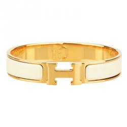 Pre Loved Authentic Hermes Bracelets For Women Online Tlc Hermes Clic Clac H Cream Enamel Gold Plated Bracelet