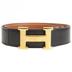 Pre Owned Hermes Black and Brown Leather H Buckle Reversible Belt 80CM