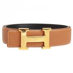 Pre Owned Hermes Black and Brown Leather H Buckle Reversible Belt 80CM
