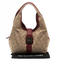 Pre Owned DKNY Beige/Burgundy Canvas and Leather Town and Country Hobo