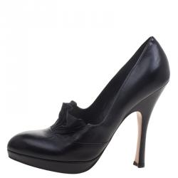 Pre Owned Prada Black Leather Ruffle Platform Pumps Size 39.5