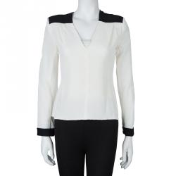 Pre Owned Roland Mouret Monochrome Power Shoulder Long Sleeve Silk Blouse S