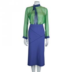 Pre Owned Emporio Armani Green Blue Silk Top Skirt Combo S/L