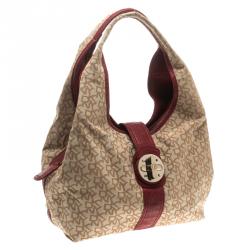 Pre Owned DKNY Beige/Burgundy Canvas and Leather Town and Country Hobo