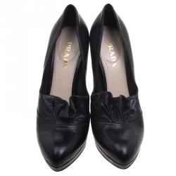 Pre Owned Prada Black Leather Ruffle Platform Pumps Size 39.5
