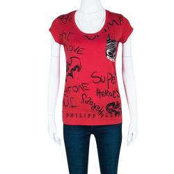 Pre Owned Philipp Plein Couture DC Comics Red Batman Embellished T-Shirt XS