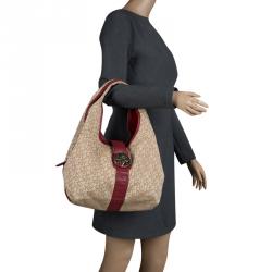 Pre Owned DKNY Beige/Burgundy Canvas and Leather Town and Country Hobo