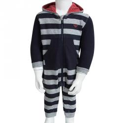 Pre Owned Armani Baby Grey Cotton Striped Hooded Zip Front Onesie 6 Months