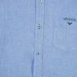 Pre Owned Armani Junior Blue Long Sleeve Buttondown Linen Shirt 7 Yrs