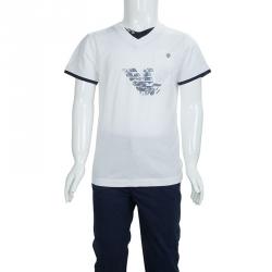 Pre Owned Armani Junior White Faux Double Layer Graphic Print V-Neck T-shirt 6 Yrs