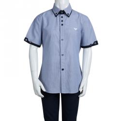 Pre Owned Armani Junior Blue Striped Cotton Short Sleeve Buttondown Shirt 10 Yrs