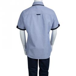 Pre Owned Armani Junior Blue Striped Cotton Short Sleeve Buttondown Shirt 10 Yrs