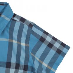 Burberry Children Blue Checked Short Sleeve Buttondown Cotton Shirt 10 Yrs
