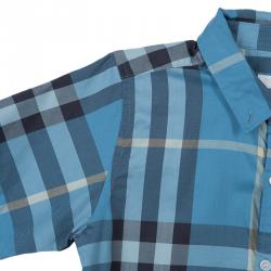 Burberry Children Blue Checked Short Sleeve Buttondown Cotton Shirt 10 Yrs