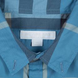 Burberry Children Blue Checked Short Sleeve Buttondown Cotton Shirt 10 Yrs