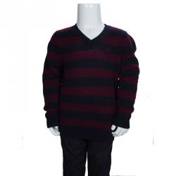 مملوكة مسبقًا بلوفر بربري أطفال رقبة حرف V  كشمير أزرق كحلي وأحمر عنابي مخطط 4 سنوات