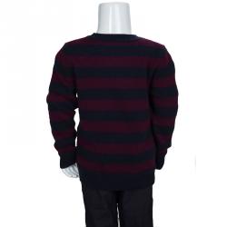 مملوكة مسبقًا بلوفر بربري أطفال رقبة حرف V  كشمير أزرق كحلي وأحمر عنابي مخطط 4 سنوات