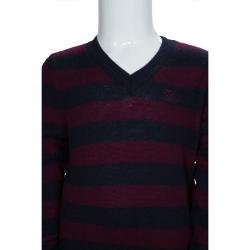 مملوكة مسبقًا بلوفر بربري أطفال رقبة حرف V  كشمير أزرق كحلي وأحمر عنابي مخطط 4 سنوات