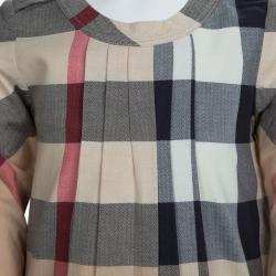 Pre Owned Burberry Beige Novacheck Pleated Long Sleeve Cotton Dress 4 Yrs