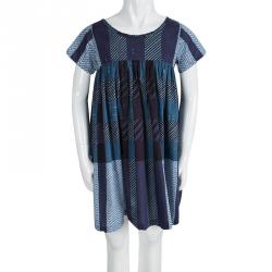 Burberry Children Blue Printed Cotton Short Sleeve Gathered Dress 8 Years