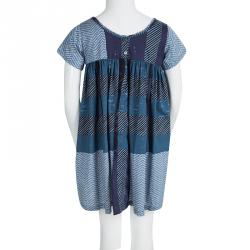 Burberry Children Blue Printed Cotton Short Sleeve Gathered Dress 8 Years