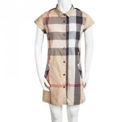 Pre Owned Burberry Beige Nova Check Cotton Cap Sleeve Button Front Shirt Dress 8 Yrs