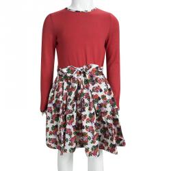 Pre Owned CH Carolina Herrera Red Cotton Contrast Floral Print Long Sleeve Dress 8 Yrs