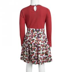 Pre Owned CH Carolina Herrera Red Cotton Contrast Floral Print Long Sleeve Dress 8 Yrs