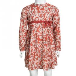 Pre Owned CH Carolina Herrera Orange Floral Printed Bow Detail Dress 4 Yrs